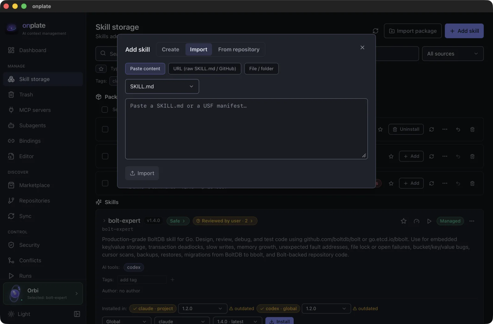 The “Import” tab: paste content, a URL or a file/folder