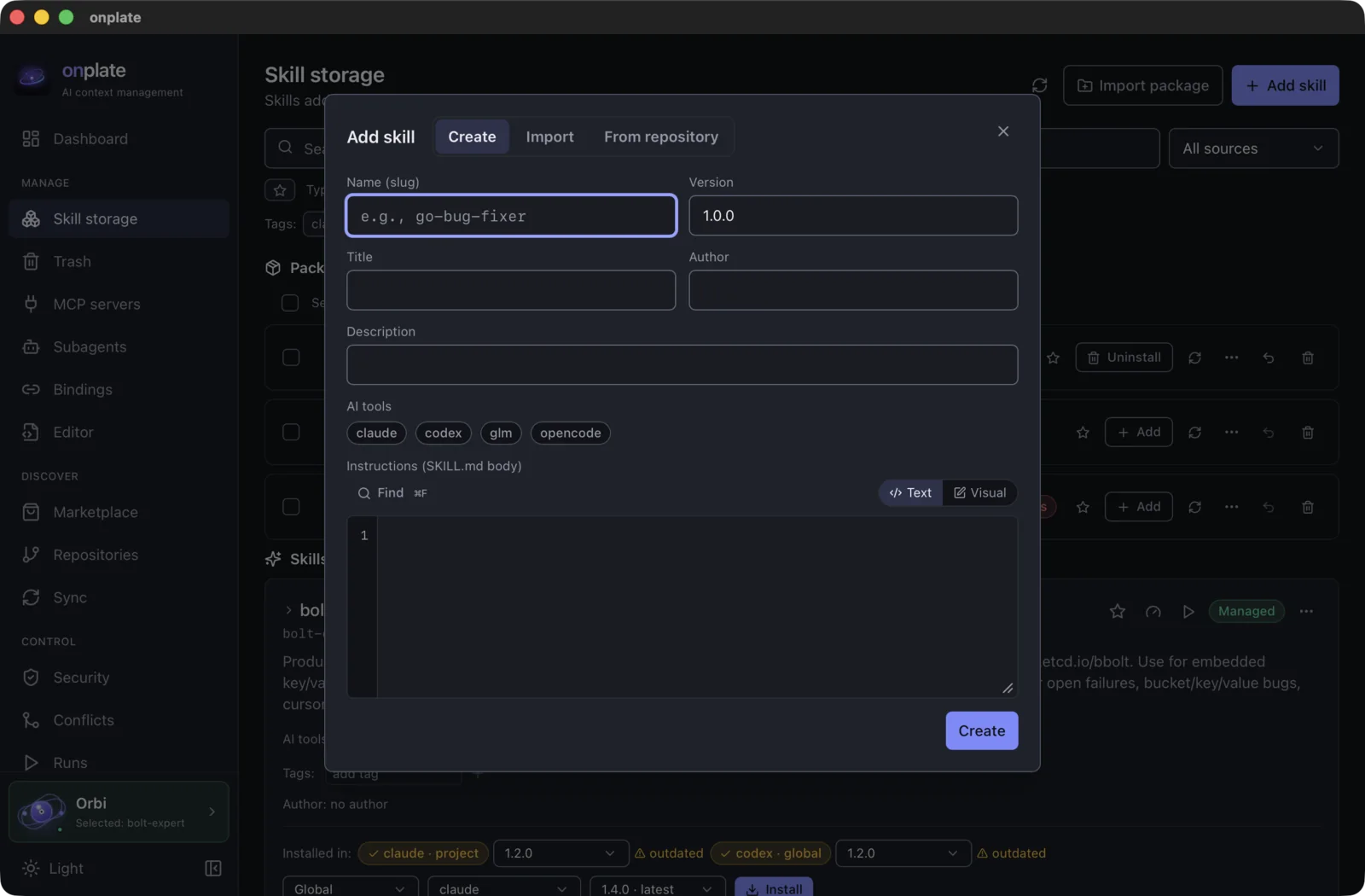 The “Add skill” dialog, “Create” tab: name, version, description and target AI tools
