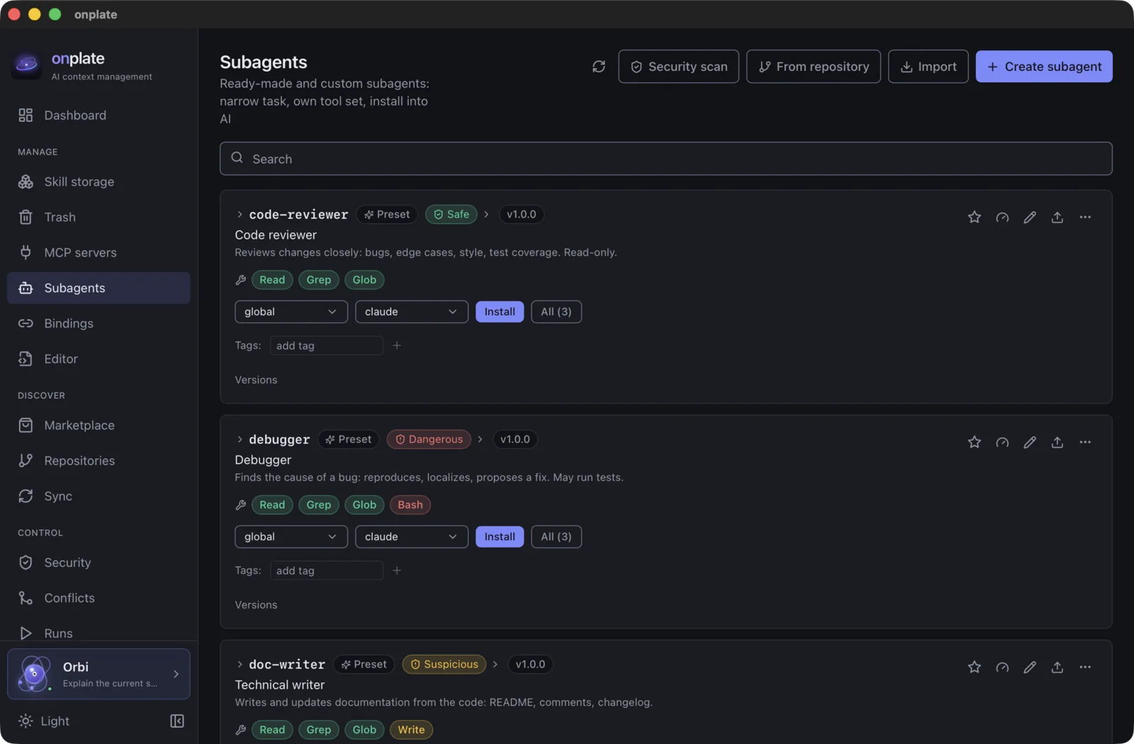 Subagents: cards with the role, the tool set and a security score