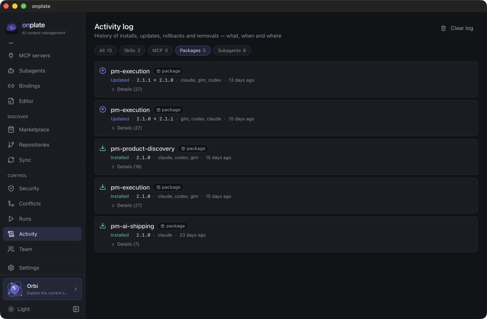 The activity log: a skill and a package install with the contents of the operation unfolded