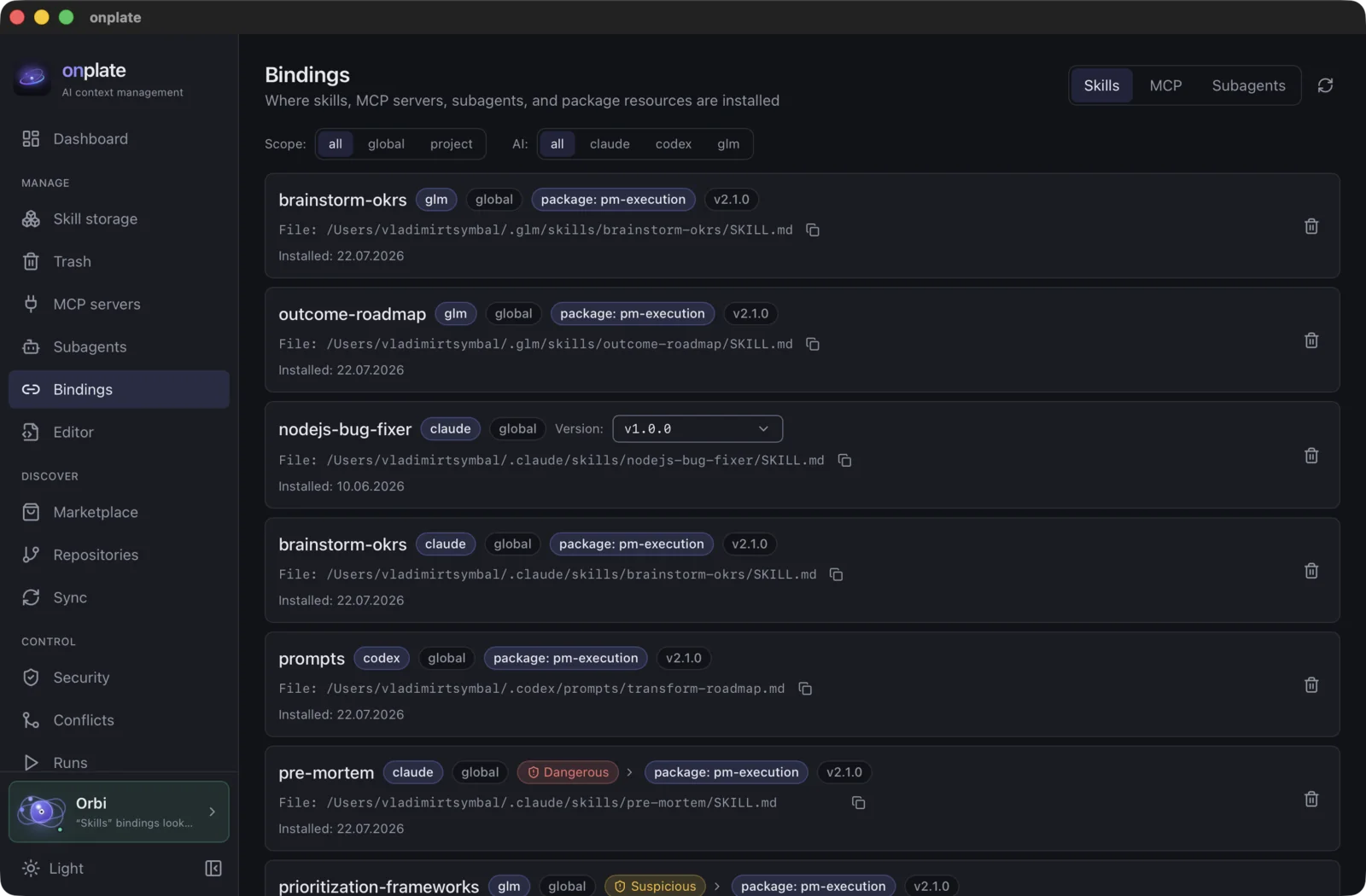 Bindings: which skill, in which AI, which version and at which path it is installed
