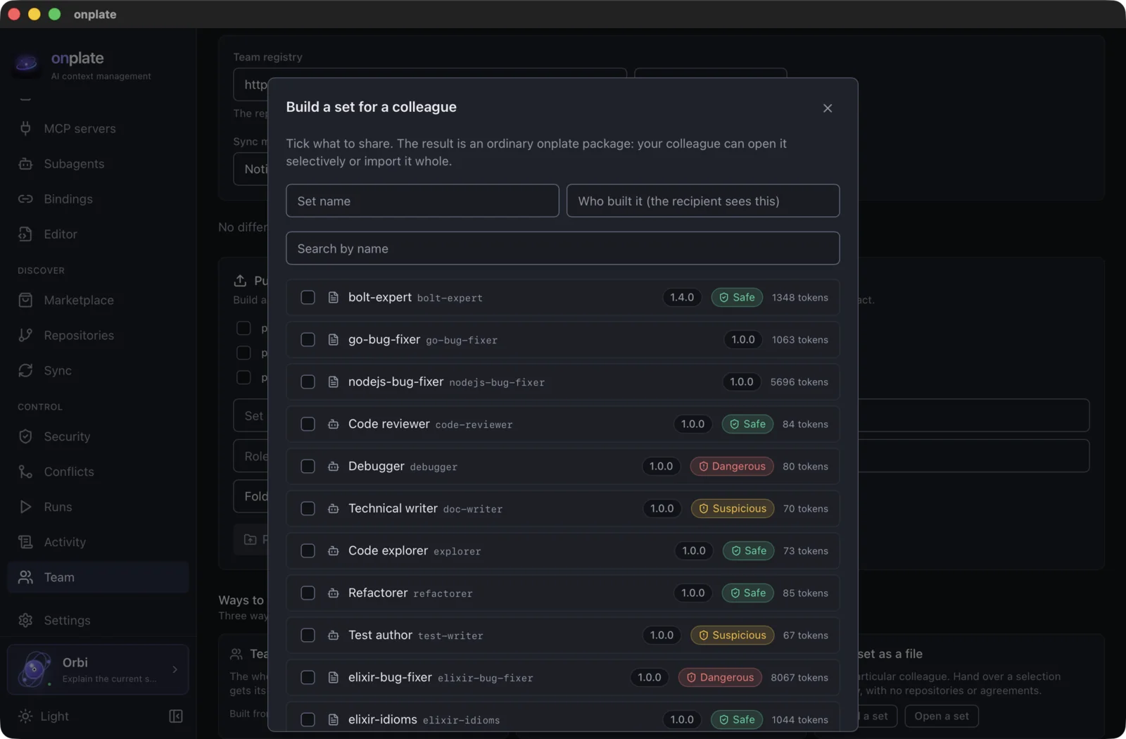 The “Build a set” dialog: picking entries with their version, security score and token weight; the total and the format at the bottom
