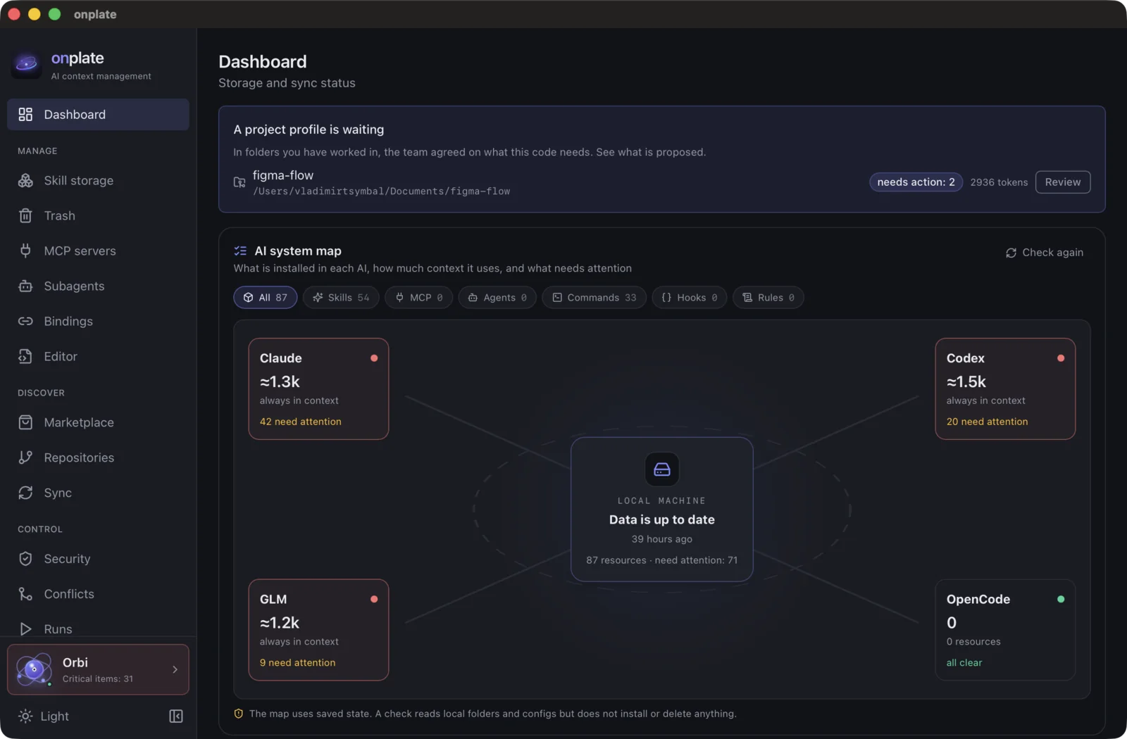 The onplate window: the dashboard — how much context skills take in each AI, a security summary and usage statistics