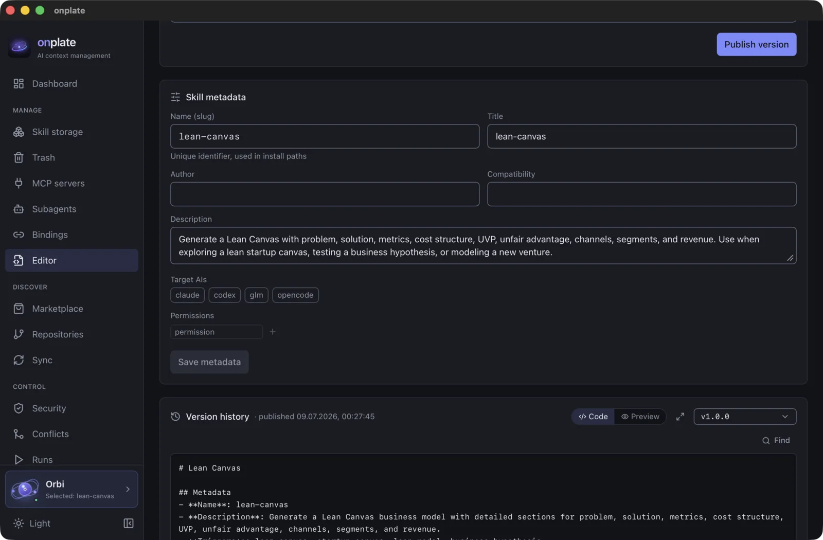 Skill metadata, the version history and export into the format of the chosen AI