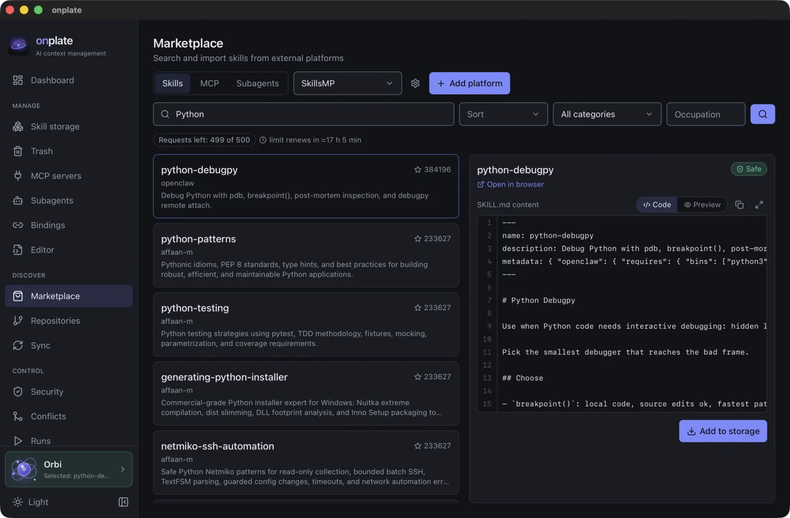 The marketplace: searching a platform and previewing a skill with its security score