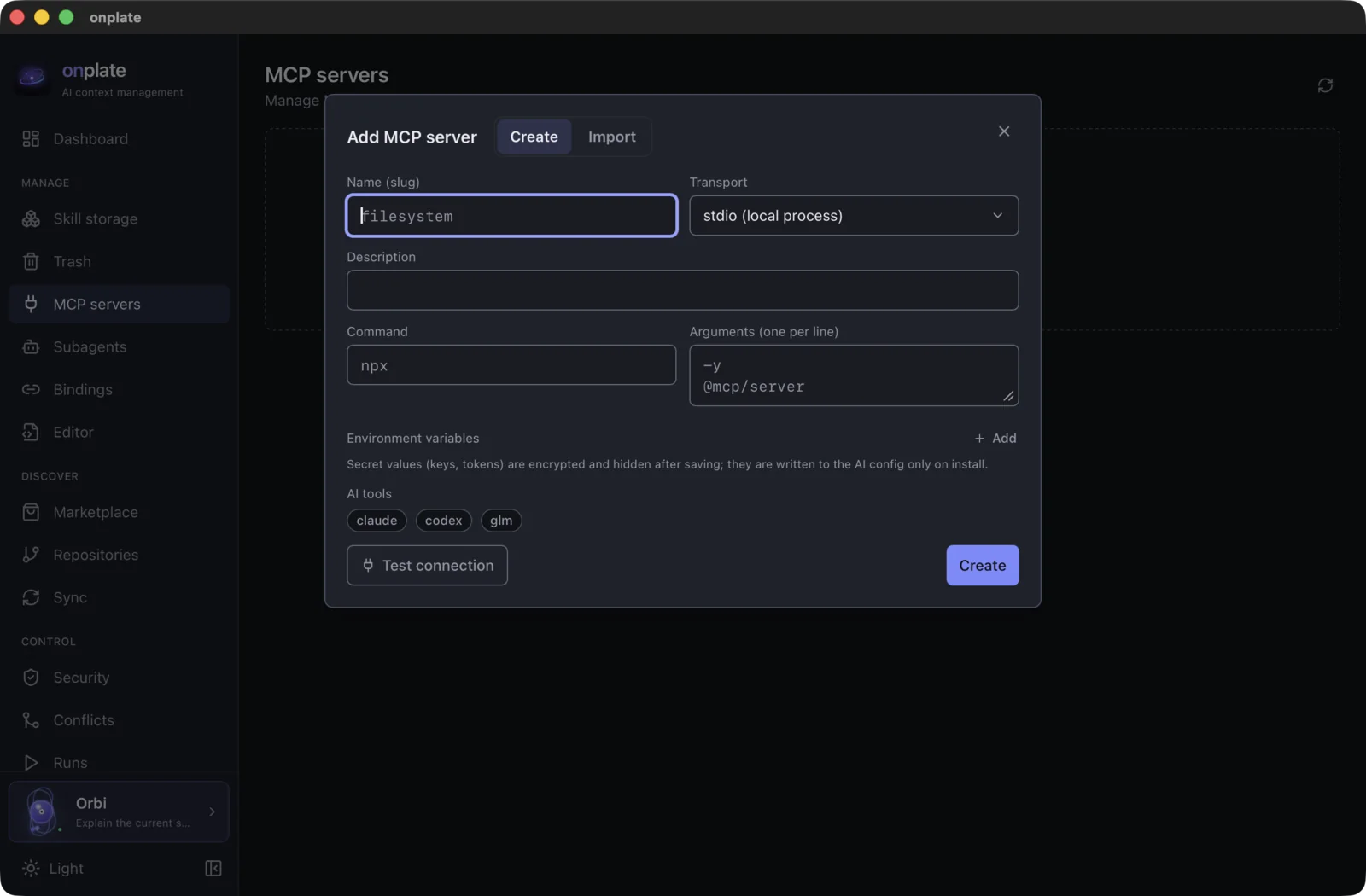 The add MCP server dialog: transport, command, environment variables and the connection test