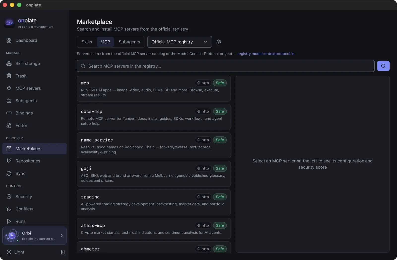 The official MCP server registry: transport and a security score for each one