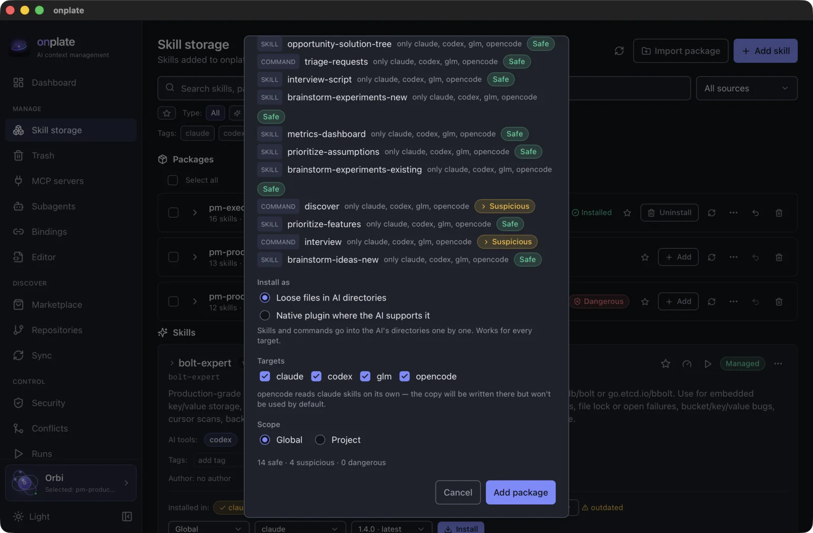 Adding a package: choosing the target AI tools, the scope and the security summary