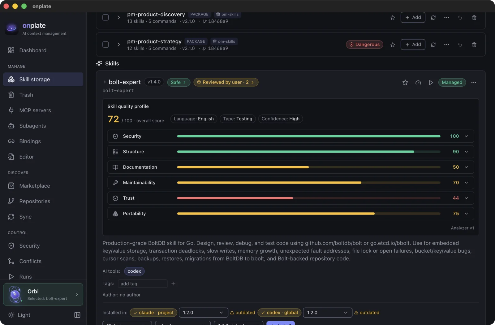The skill quality profile: the overall score and six scales, from security to portability