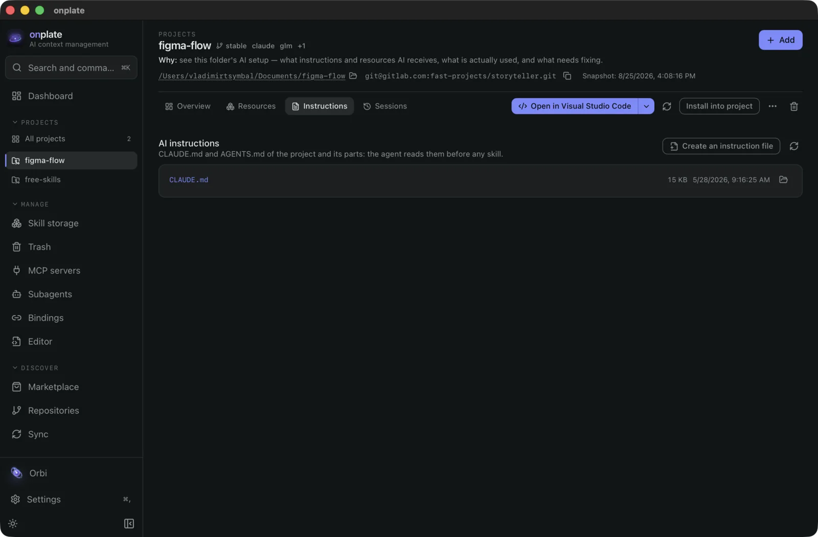The Instructions tab: the CLAUDE.md and AGENTS.md files found in the project, and the button that creates a new one