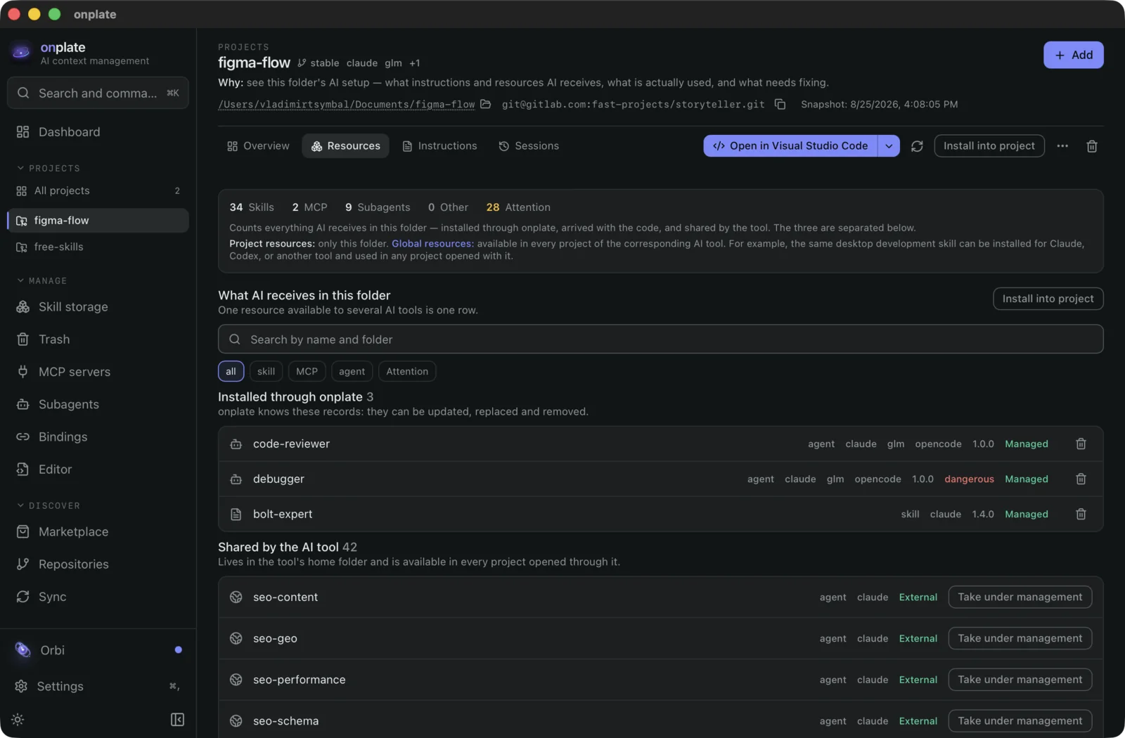 The Resources tab: counters by kind, search and filters, resources grouped by origin