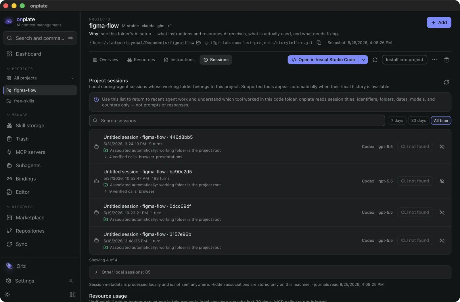 The Sessions tab: local agent sessions with their verified calls and how each one is associated with the project