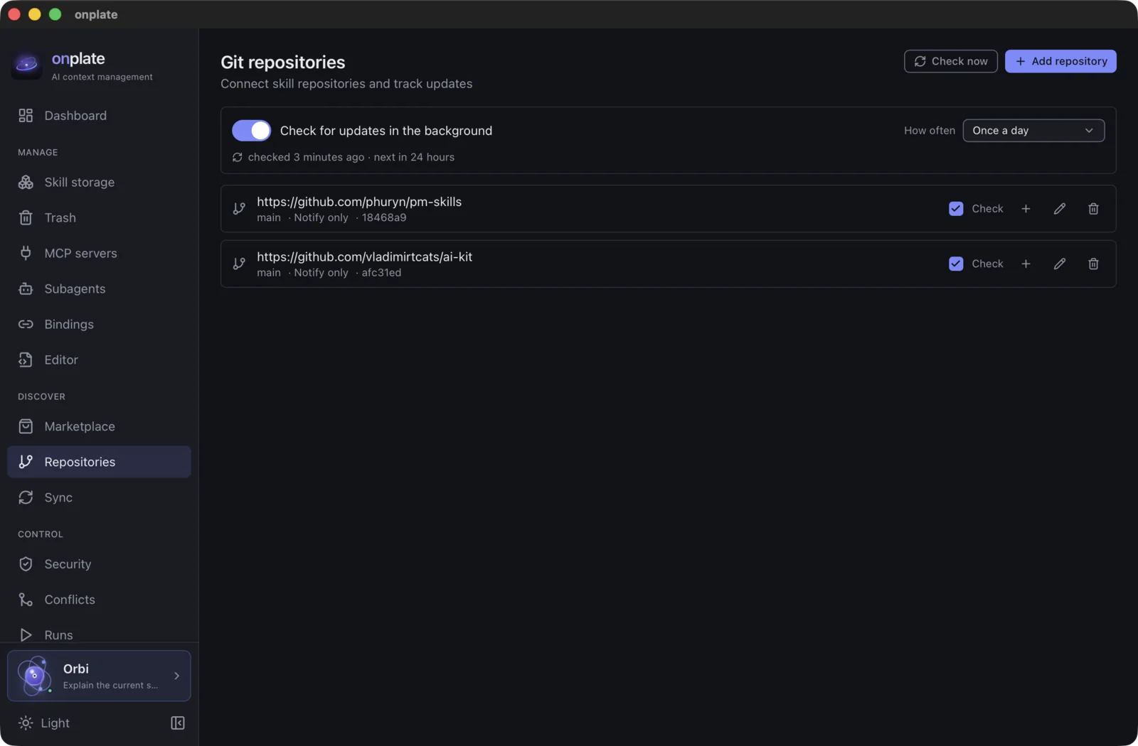 Git repositories: the list of sources with skills and update tracking