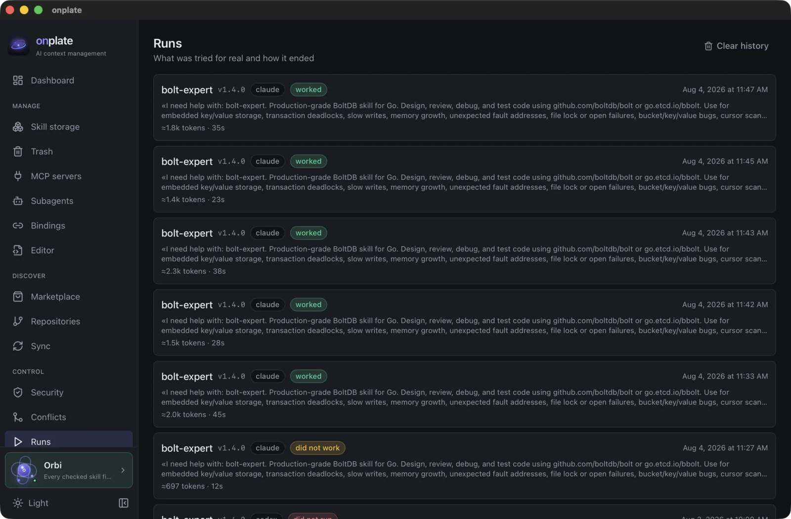 The “Runs” section: a list of skill checks with the version, the tool, a “worked” or “did not run” verdict, the task and the price of the run