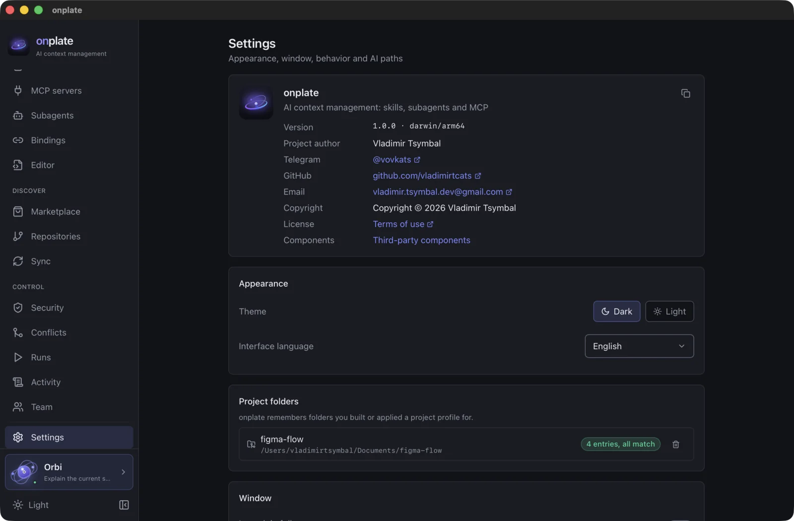 Settings: theme, interface language, window and information about the app
