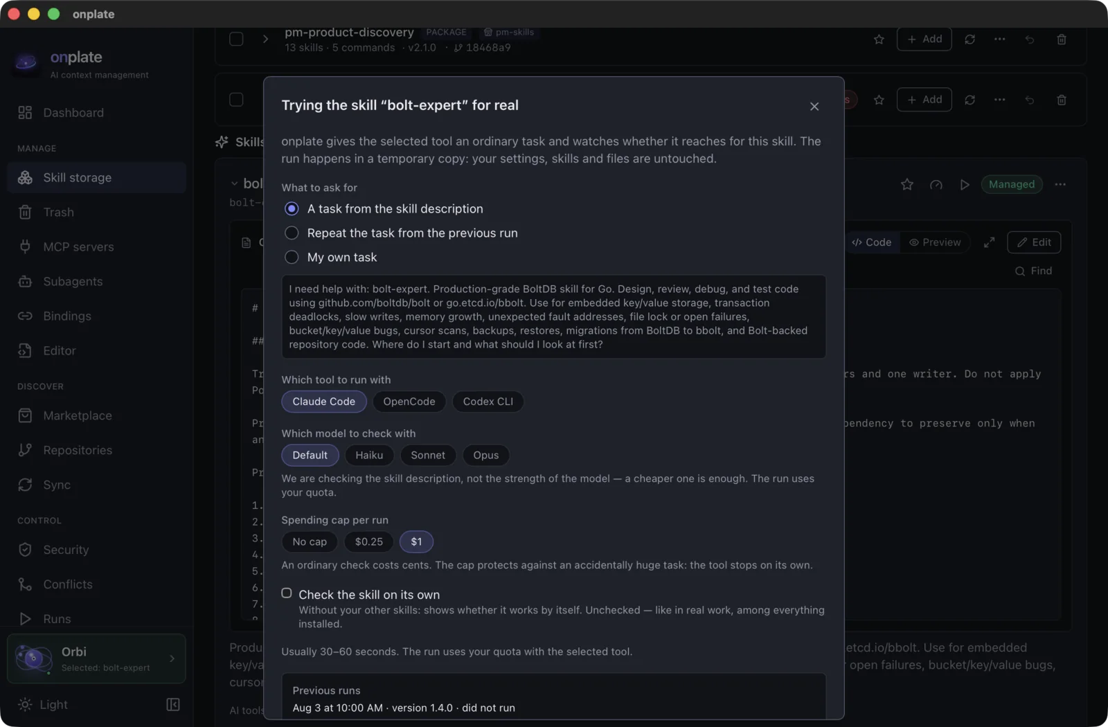 The “Trying the skill for real” dialog: choosing the task, the tool switch (Claude Code, OpenCode, Codex CLI), the model choice and the spending cap for the run