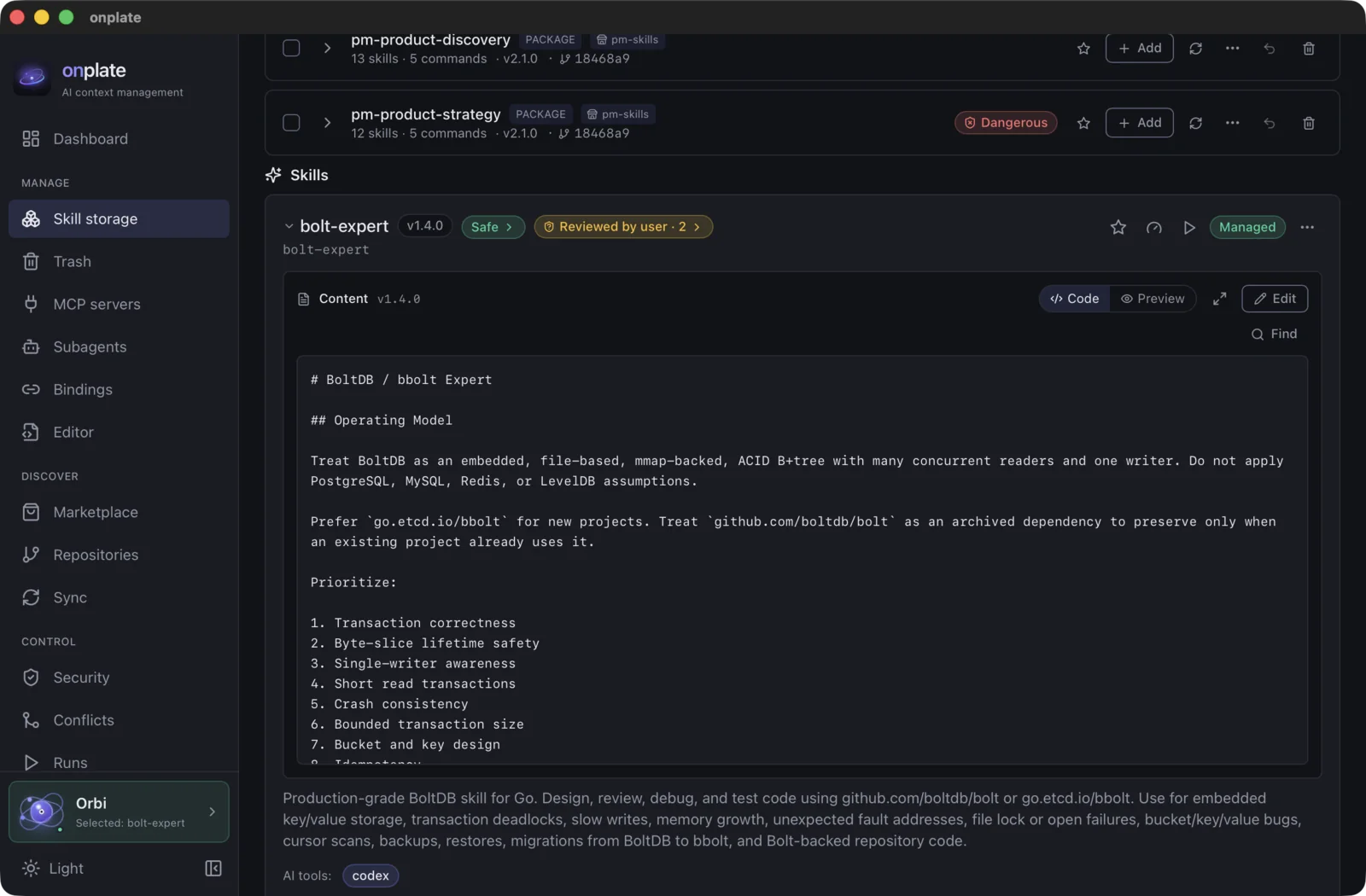 Skill cards: security status, source and installing — globally or into a project