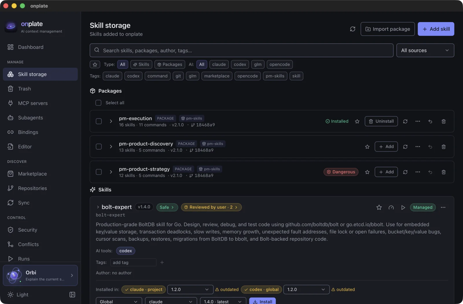 Skill storage: search, filters by type and AI, tags and the list of packages
