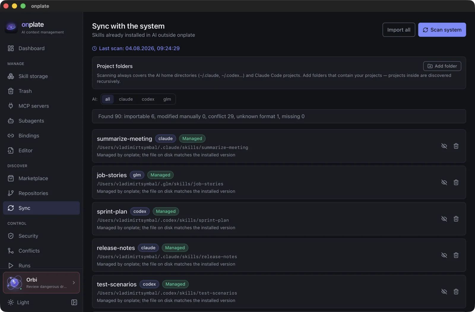 The “Sync with the system” screen: the “Scan system” button and the skills that were found, with statuses — importable, conflict, managed