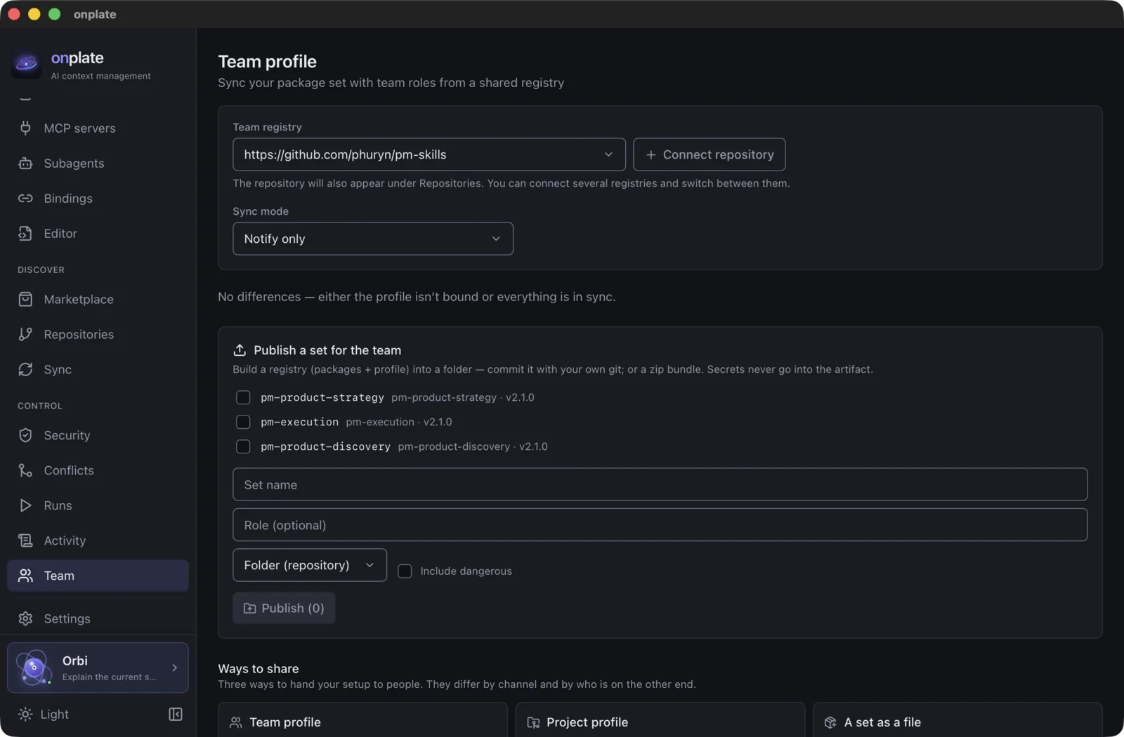 The Team section: the registry, publishing a set and the “Ways to share” block with three options
