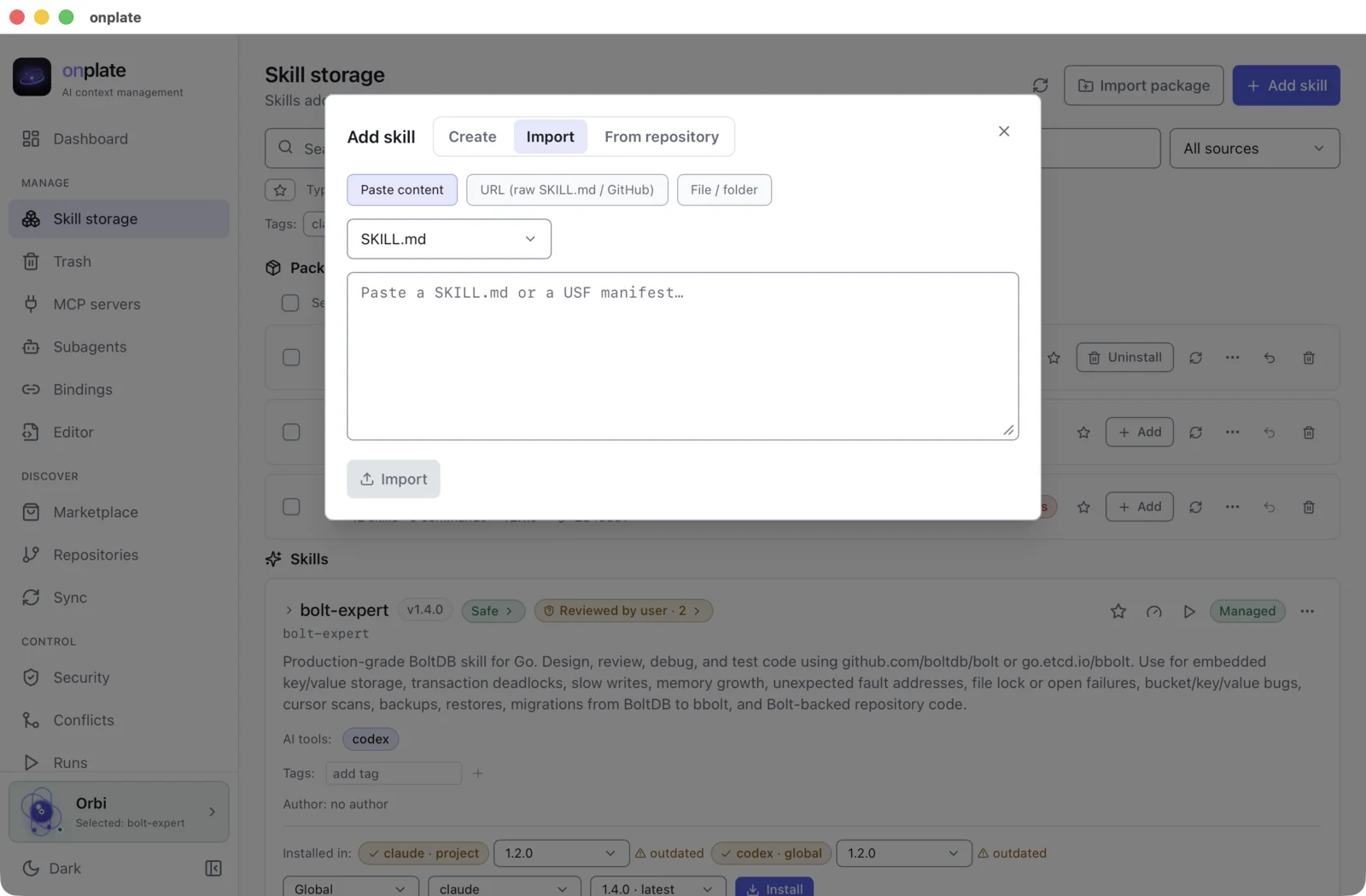 The “Import” tab: paste content, a URL or a file/folder