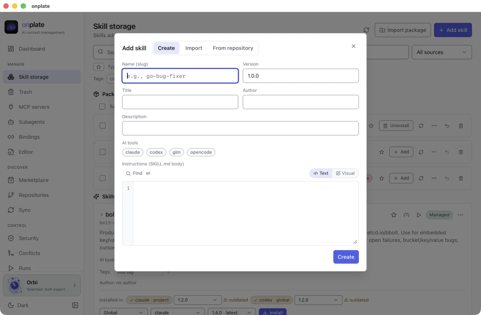 The “Add skill” dialog, “Create” tab: name, version, description and target AI tools