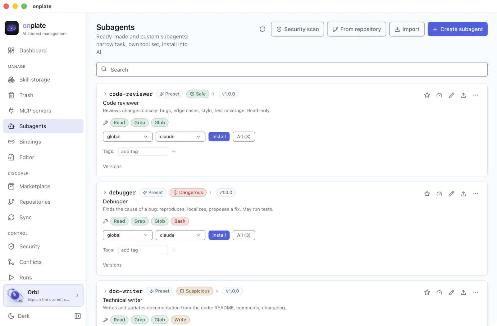 Subagents: cards with the role, the tool set and a security score