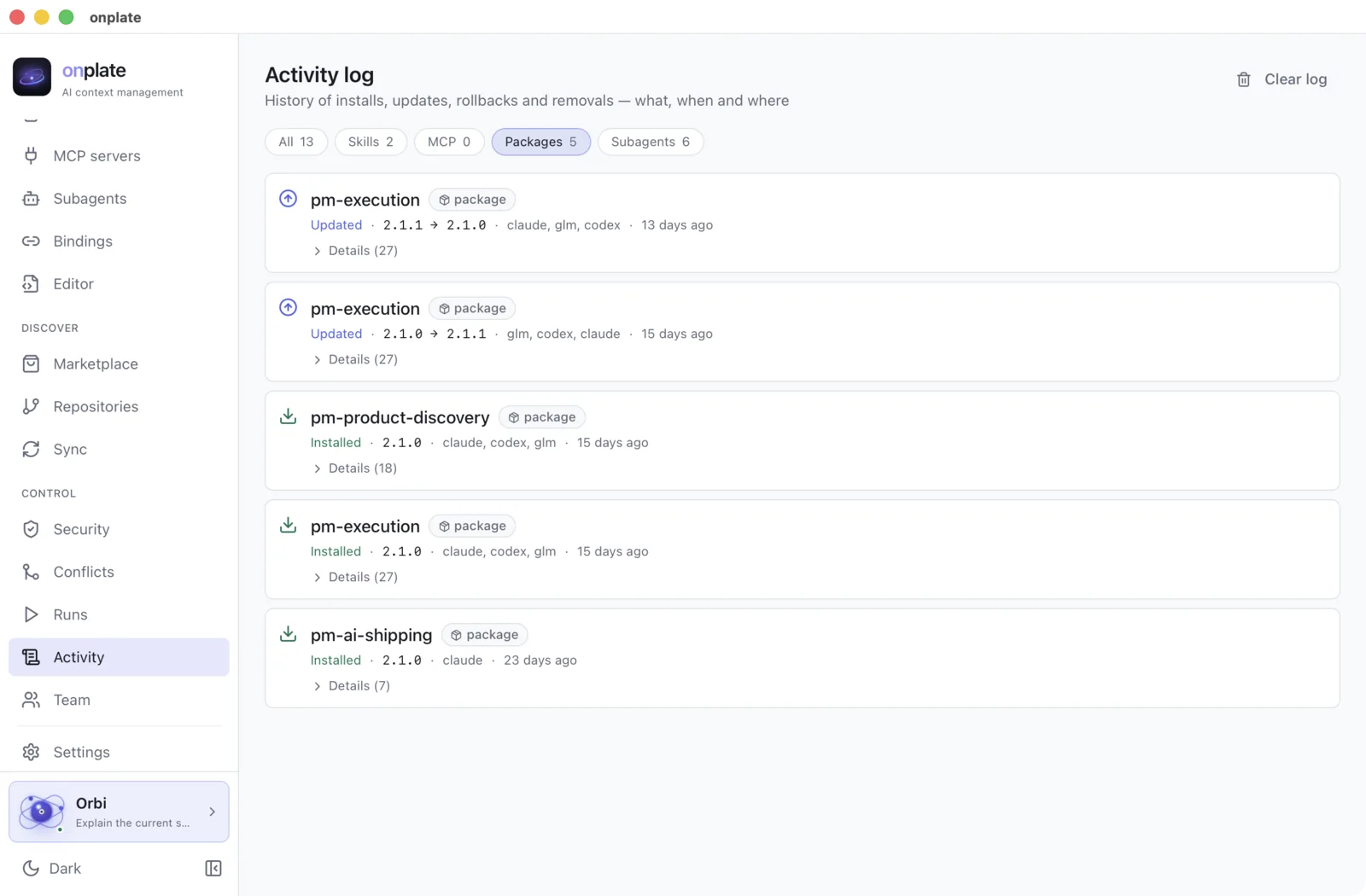 The activity log: a skill and a package install with the contents of the operation unfolded