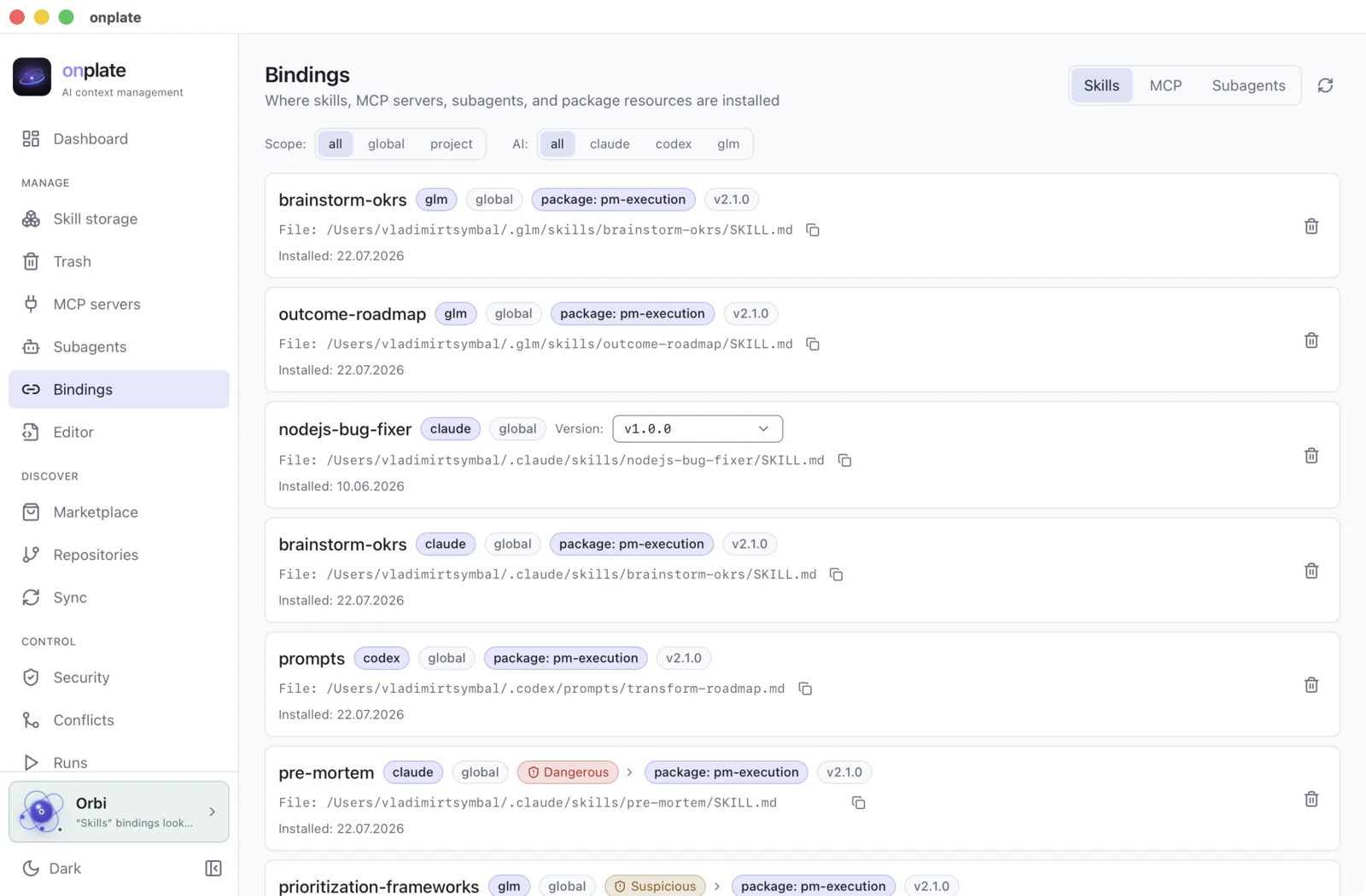 Bindings: which skill, in which AI, which version and at which path it is installed