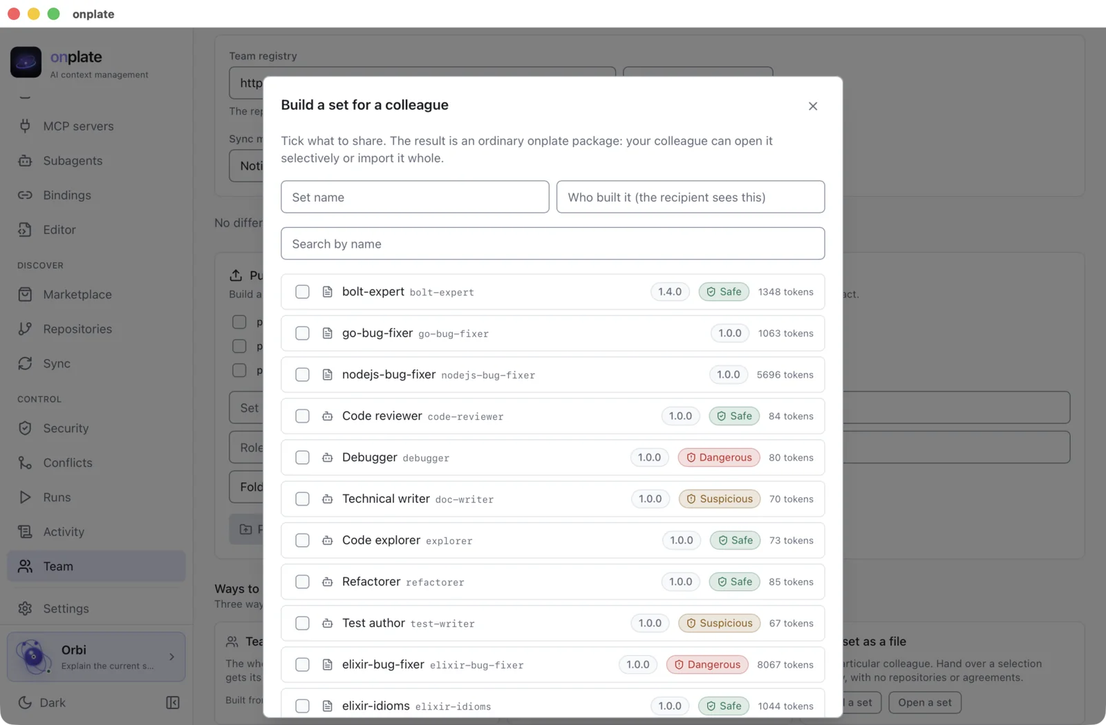The “Build a set” dialog: picking entries with their version, security score and token weight; the total and the format at the bottom