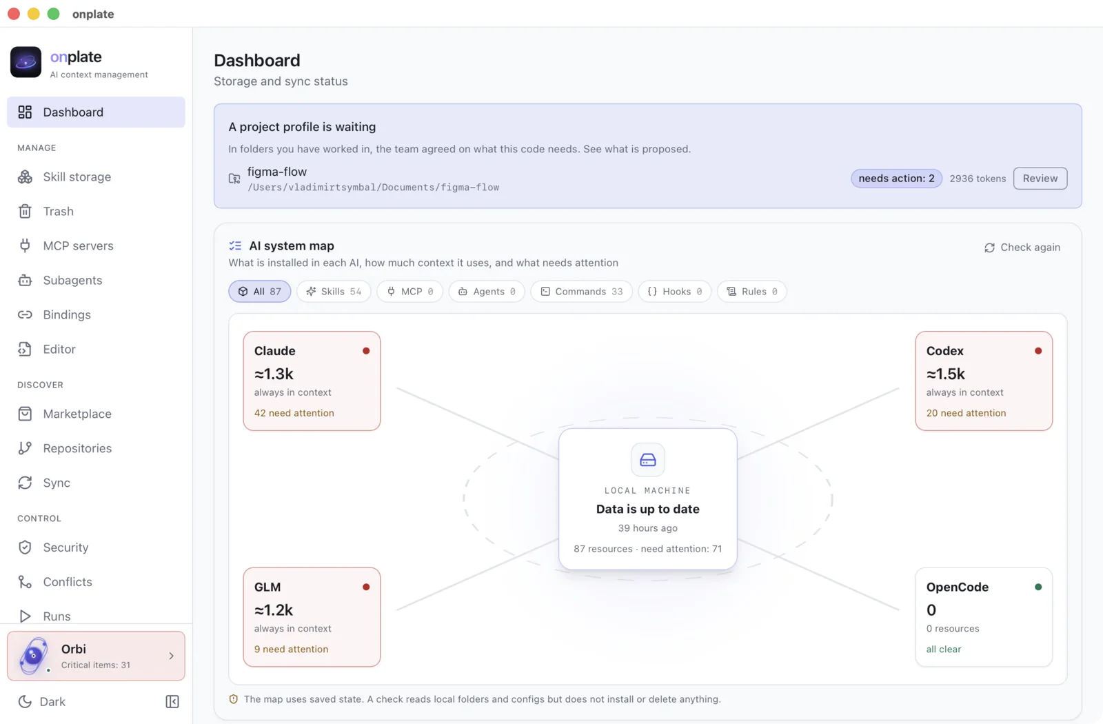 The onplate window: the dashboard — how much context skills take in each AI, a security summary and usage statistics