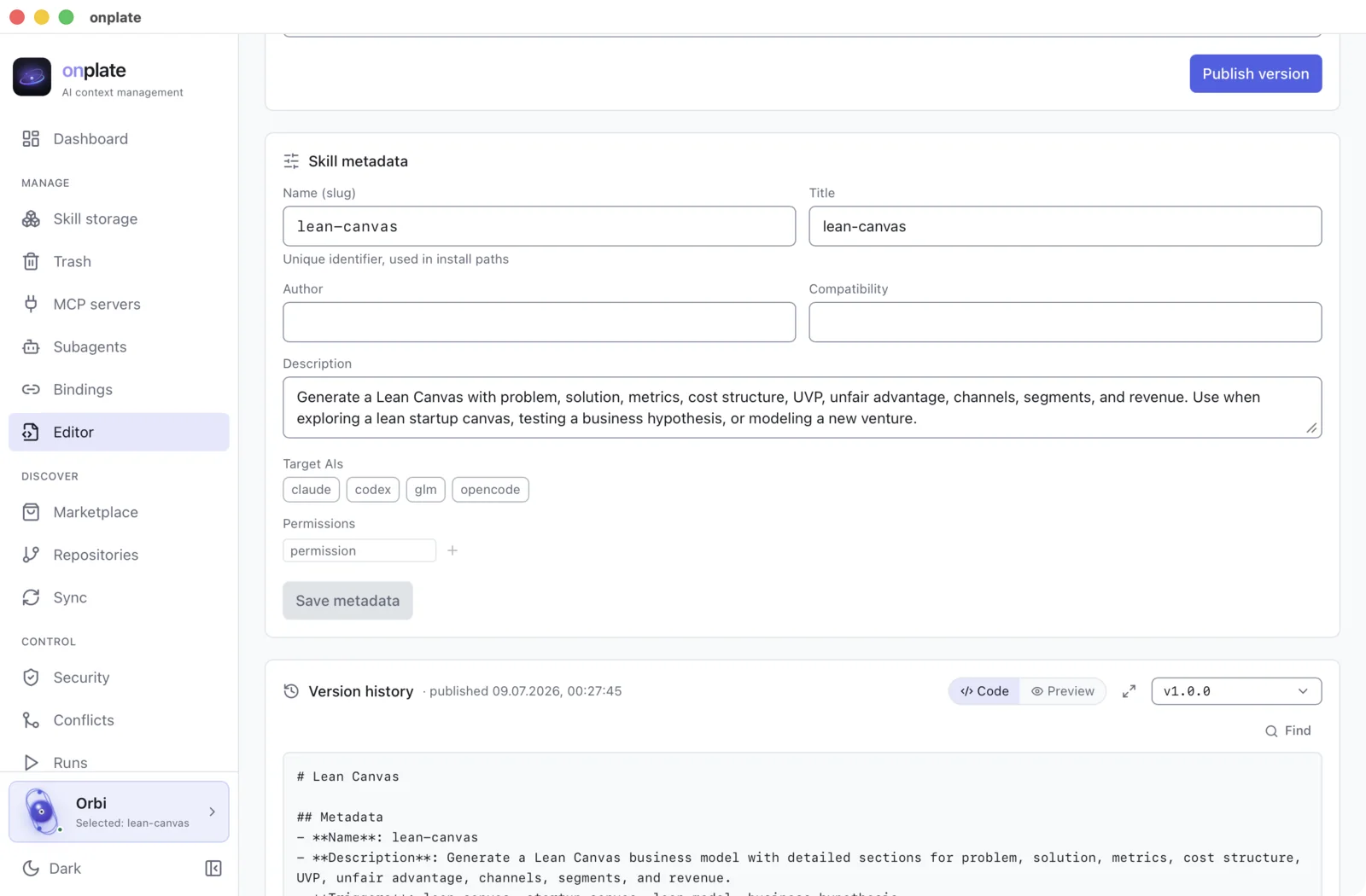 Skill metadata, the version history and export into the format of the chosen AI