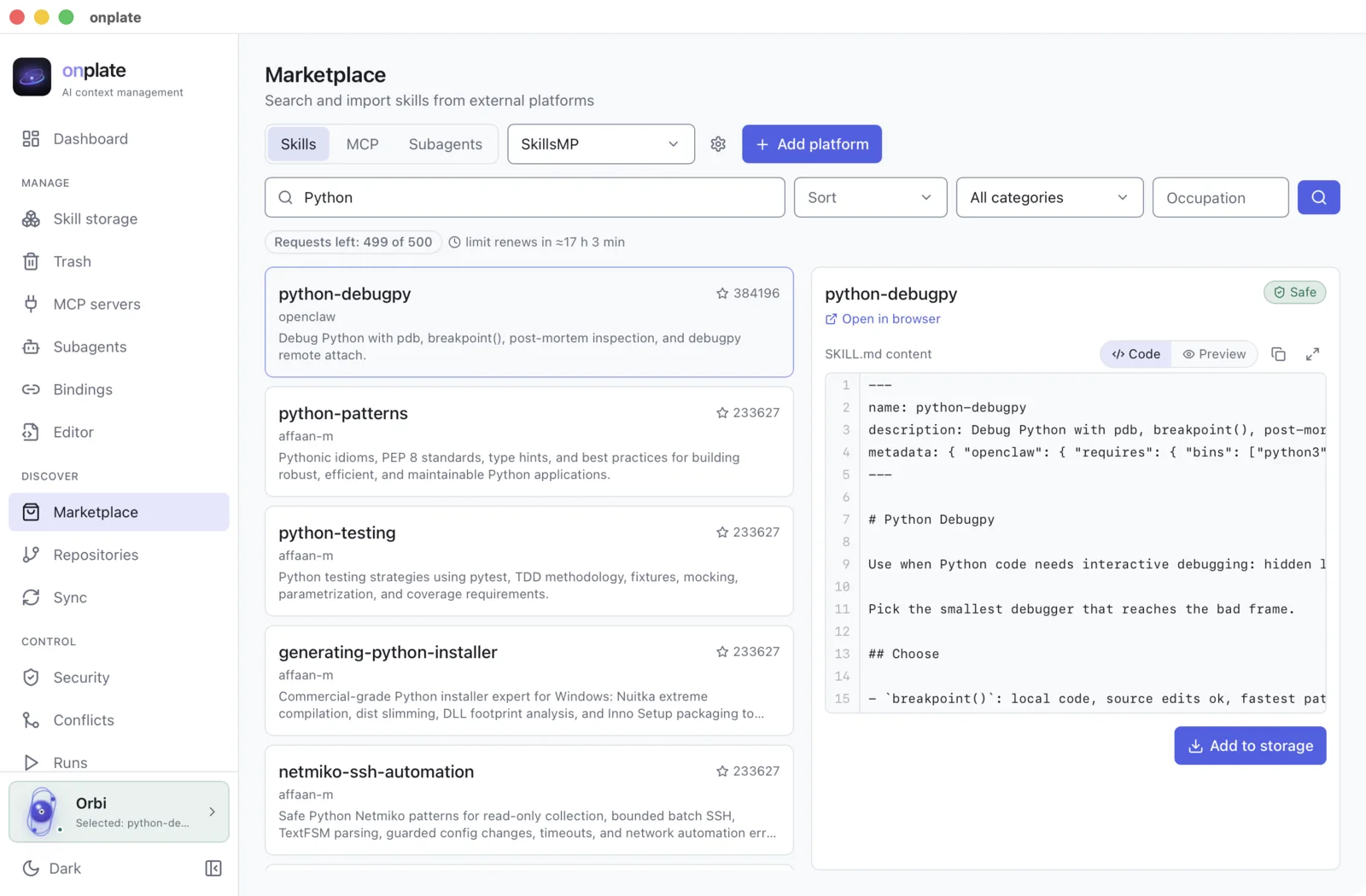 The marketplace: searching a platform and previewing a skill with its security score