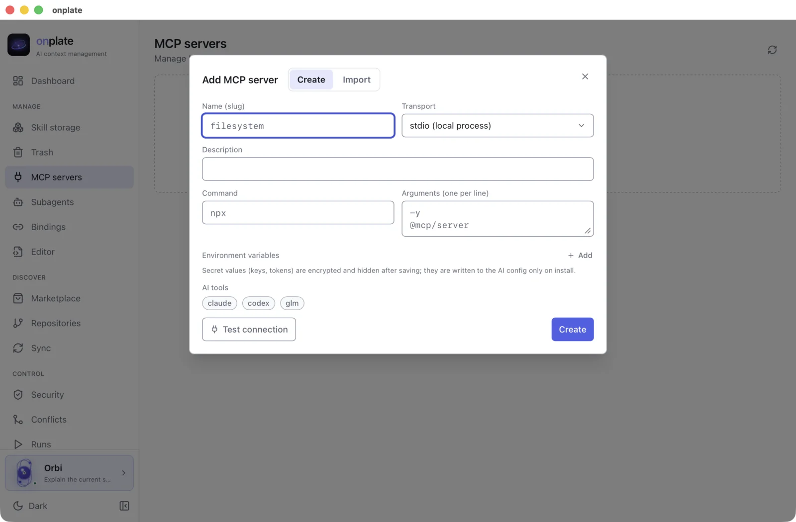The add MCP server dialog: transport, command, environment variables and the connection test