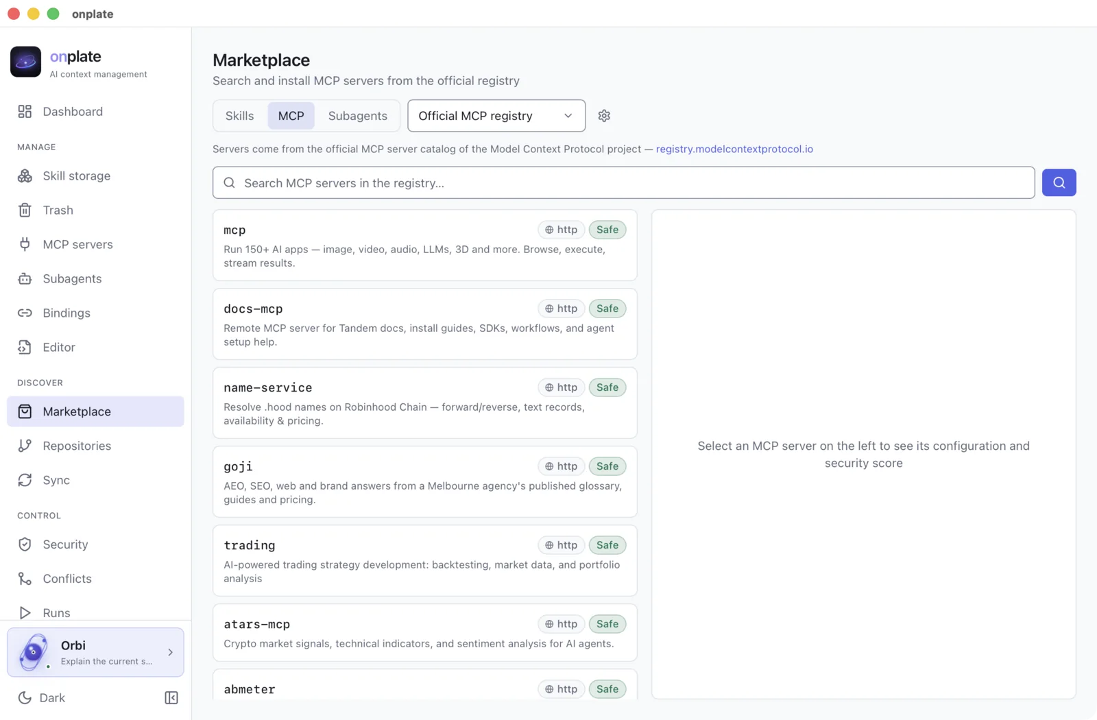 The official MCP server registry: transport and a security score for each one