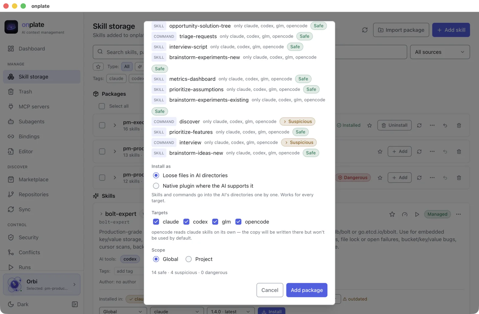 Adding a package: choosing the target AI tools, the scope and the security summary