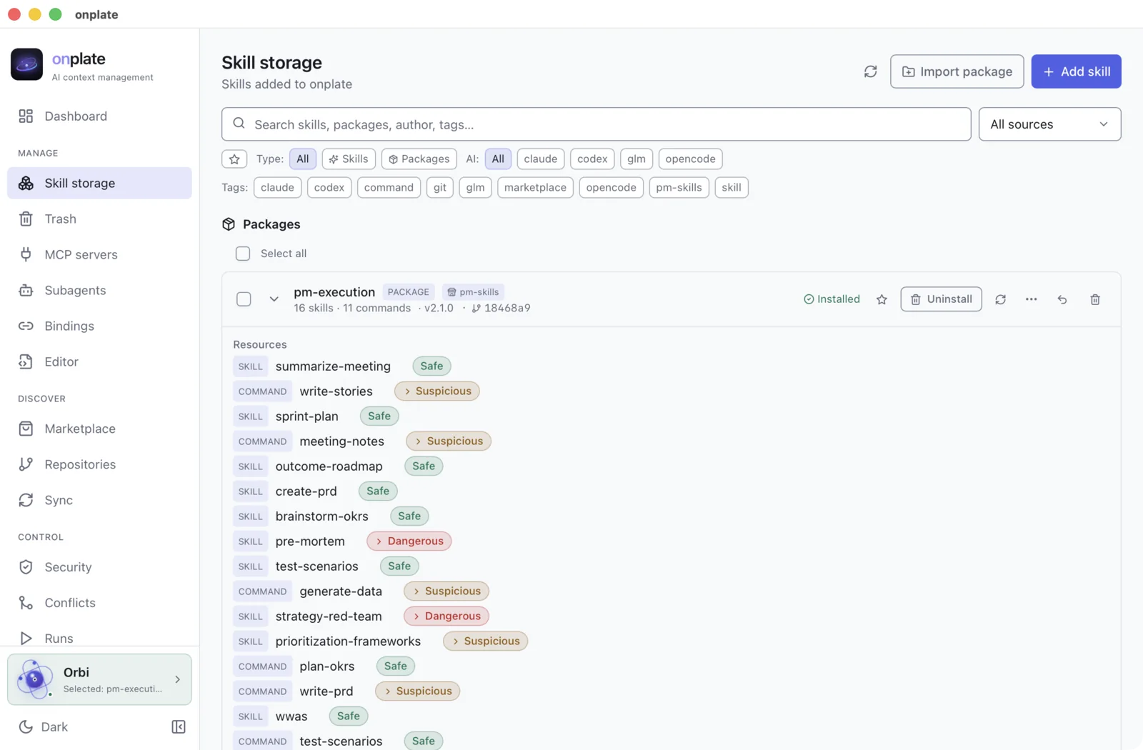 An unfolded package card: resources with security scores, tags and package files
