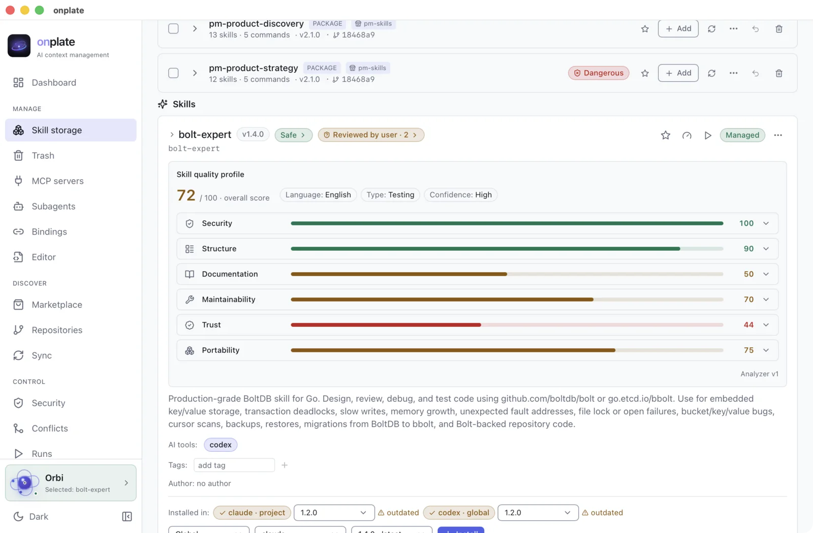The skill quality profile: the overall score and six scales, from security to portability