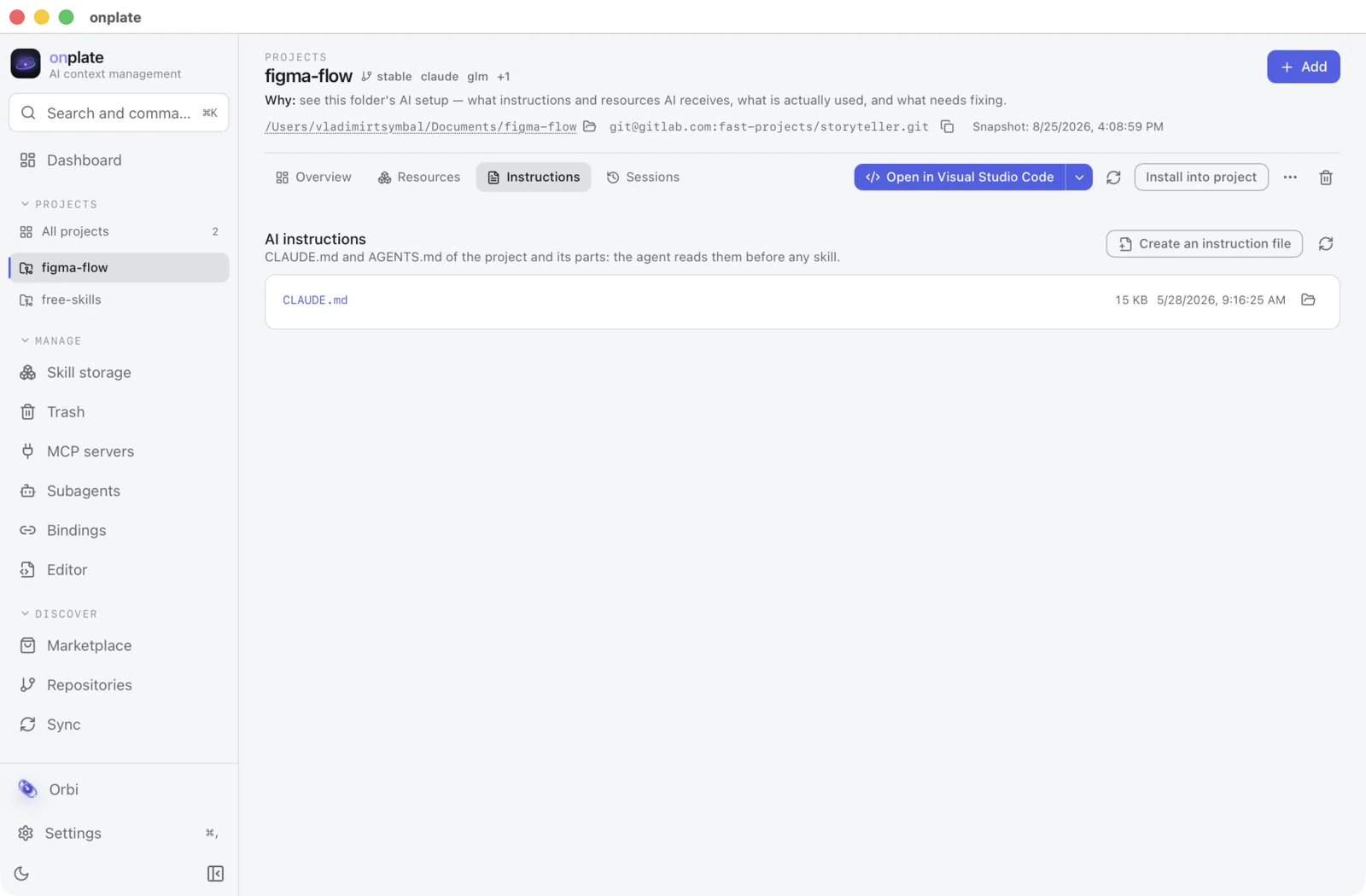 The Instructions tab: the CLAUDE.md and AGENTS.md files found in the project, and the button that creates a new one