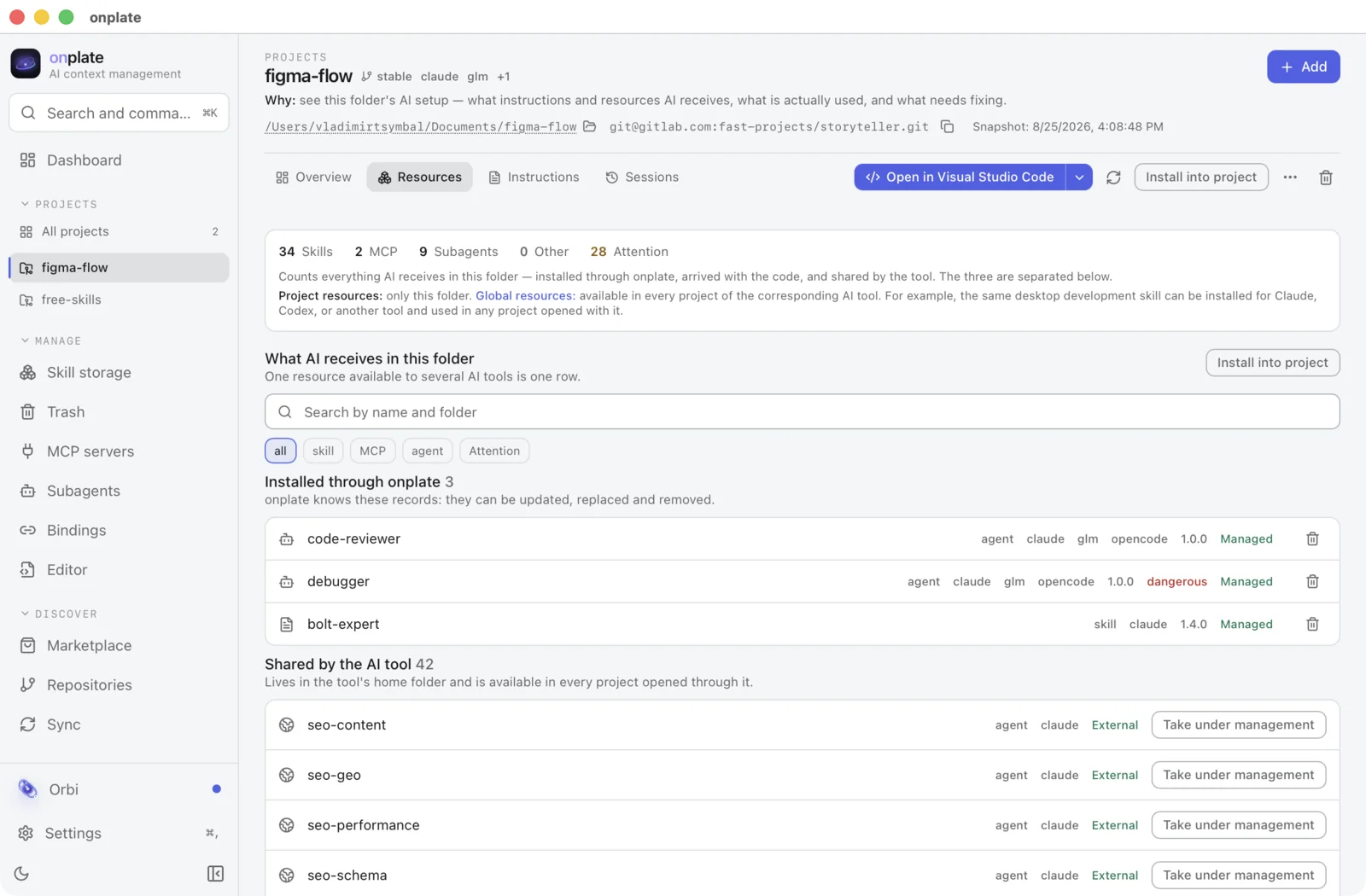 The Resources tab: counters by kind, search and filters, resources grouped by origin