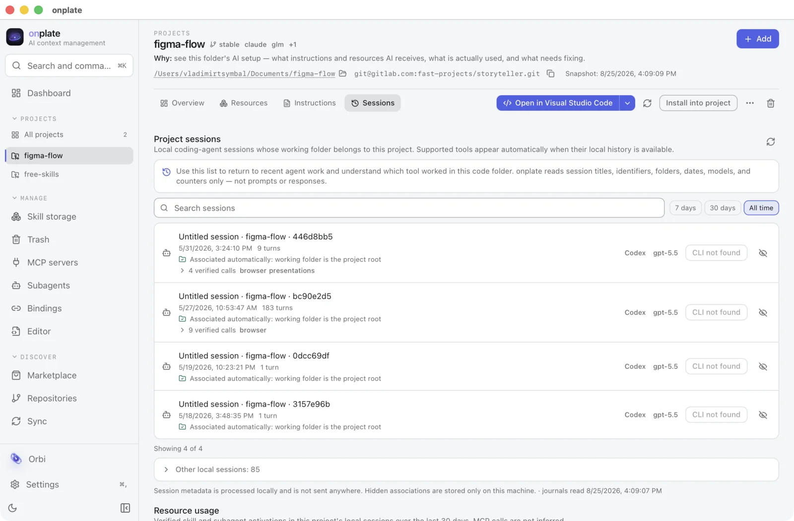 The Sessions tab: local agent sessions with their verified calls and how each one is associated with the project