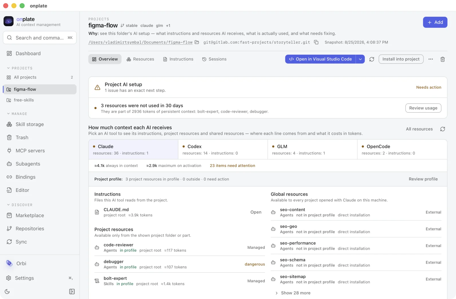 The Overview tab of a project: project AI setup with an exact next step, and the context each AI tool receives with its price in tokens