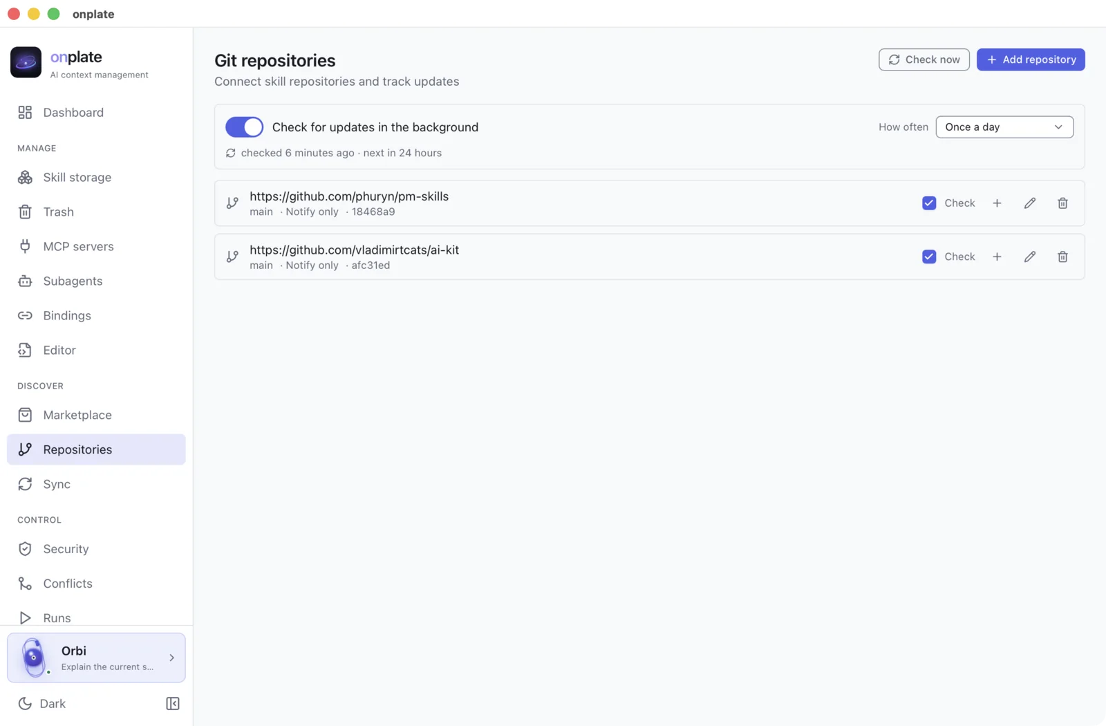 Git repositories: the list of sources with skills and update tracking