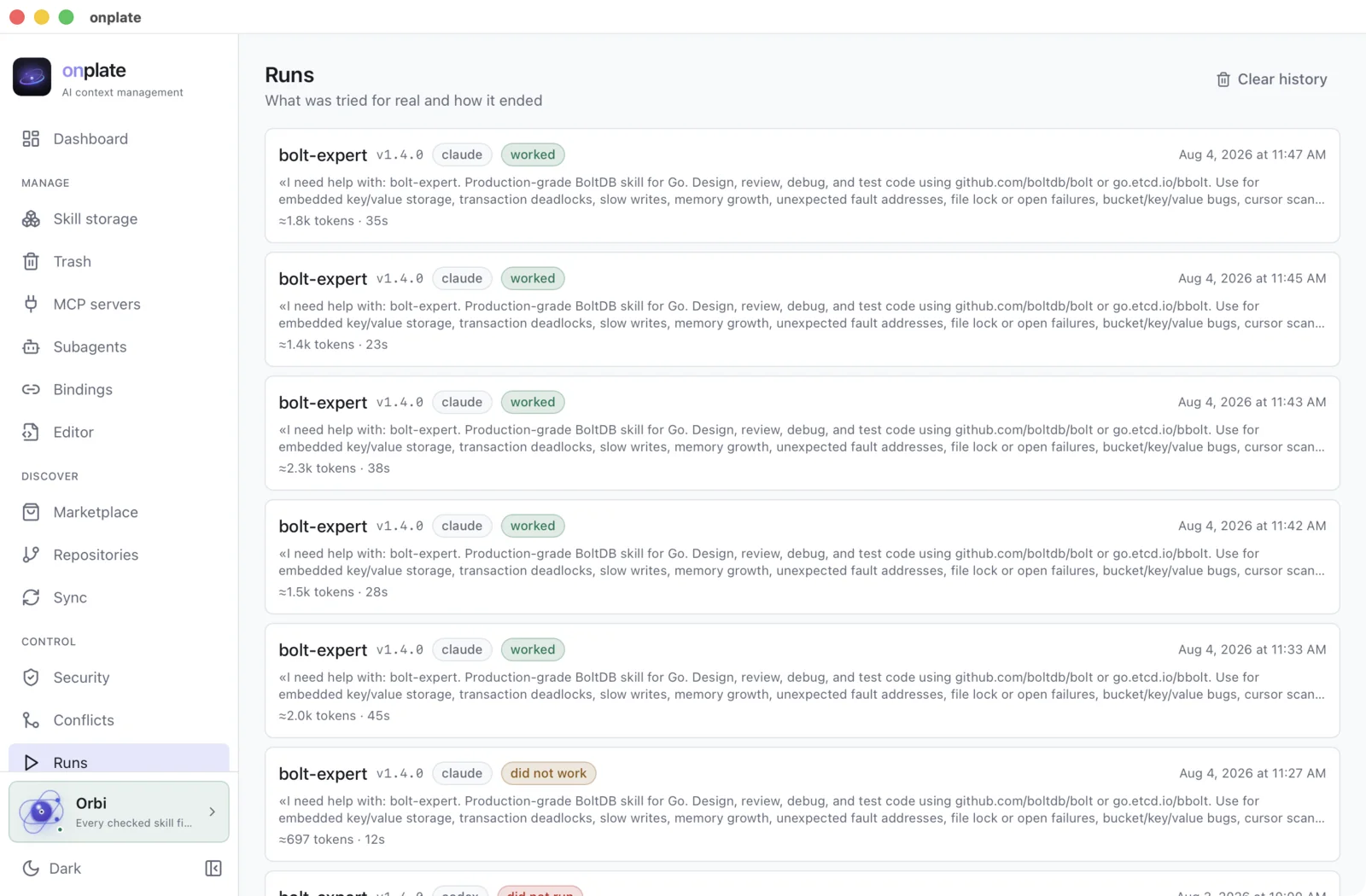 The “Runs” section: a list of skill checks with the version, the tool, a “worked” or “did not run” verdict, the task and the price of the run