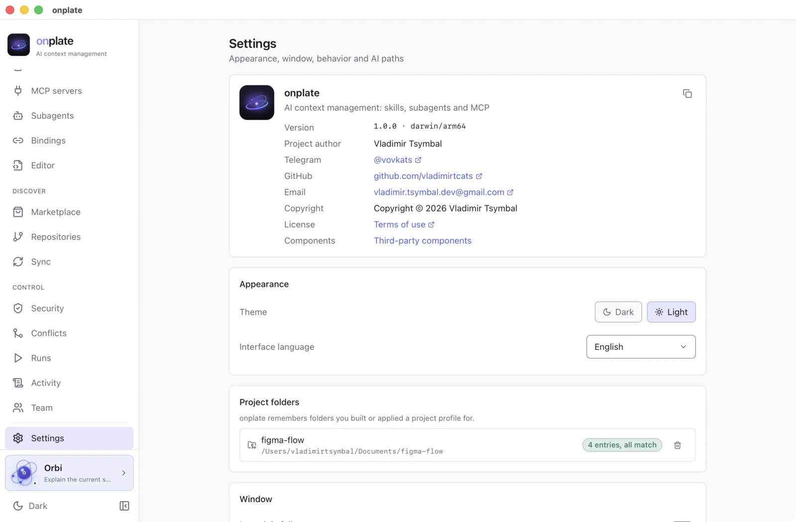 Settings: theme, interface language, window and information about the app