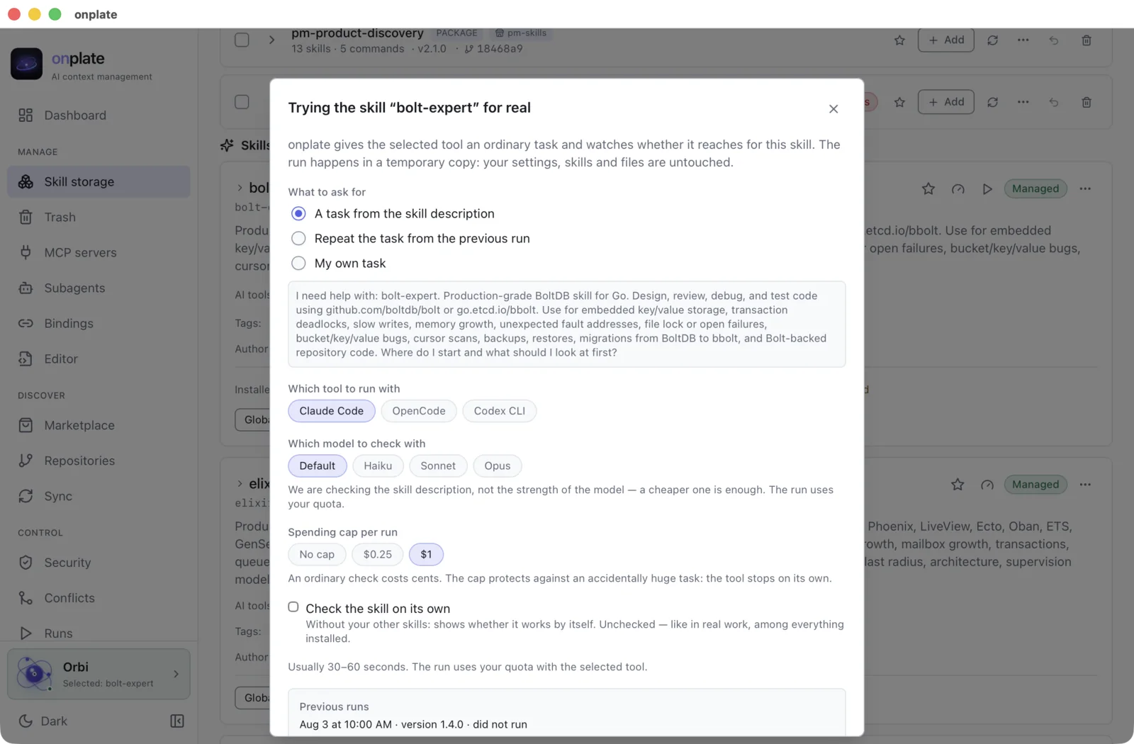 The “Trying the skill for real” dialog: choosing the task, the tool switch (Claude Code, OpenCode, Codex CLI), the model choice and the spending cap for the run