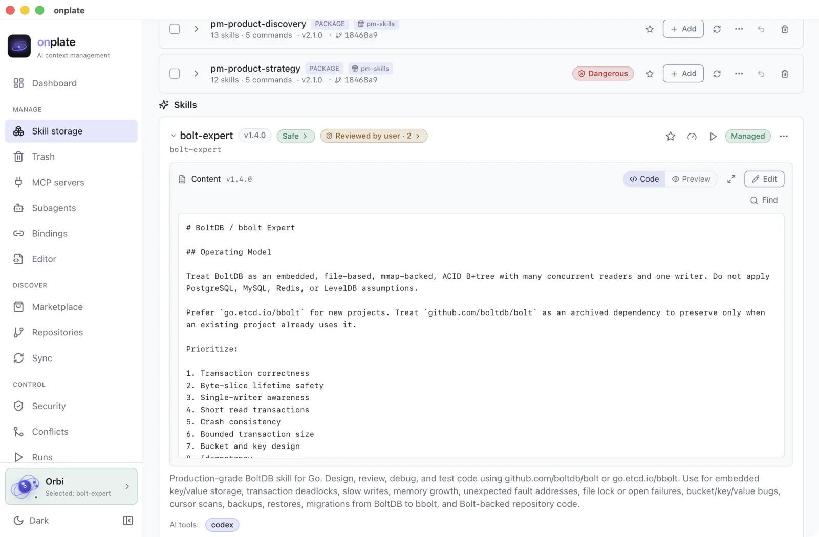 Skill cards: security status, source and installing — globally or into a project