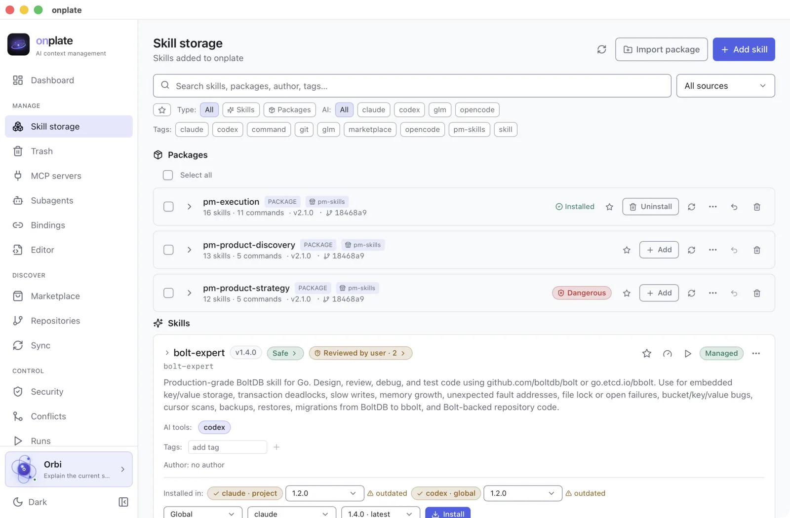 Skill storage: search, filters by type and AI, tags and the list of packages