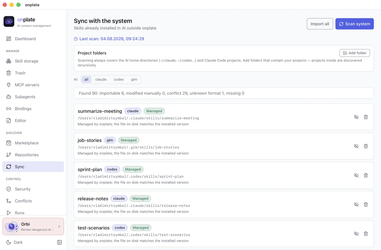 The “Sync with the system” screen: the “Scan system” button and the skills that were found, with statuses — importable, conflict, managed