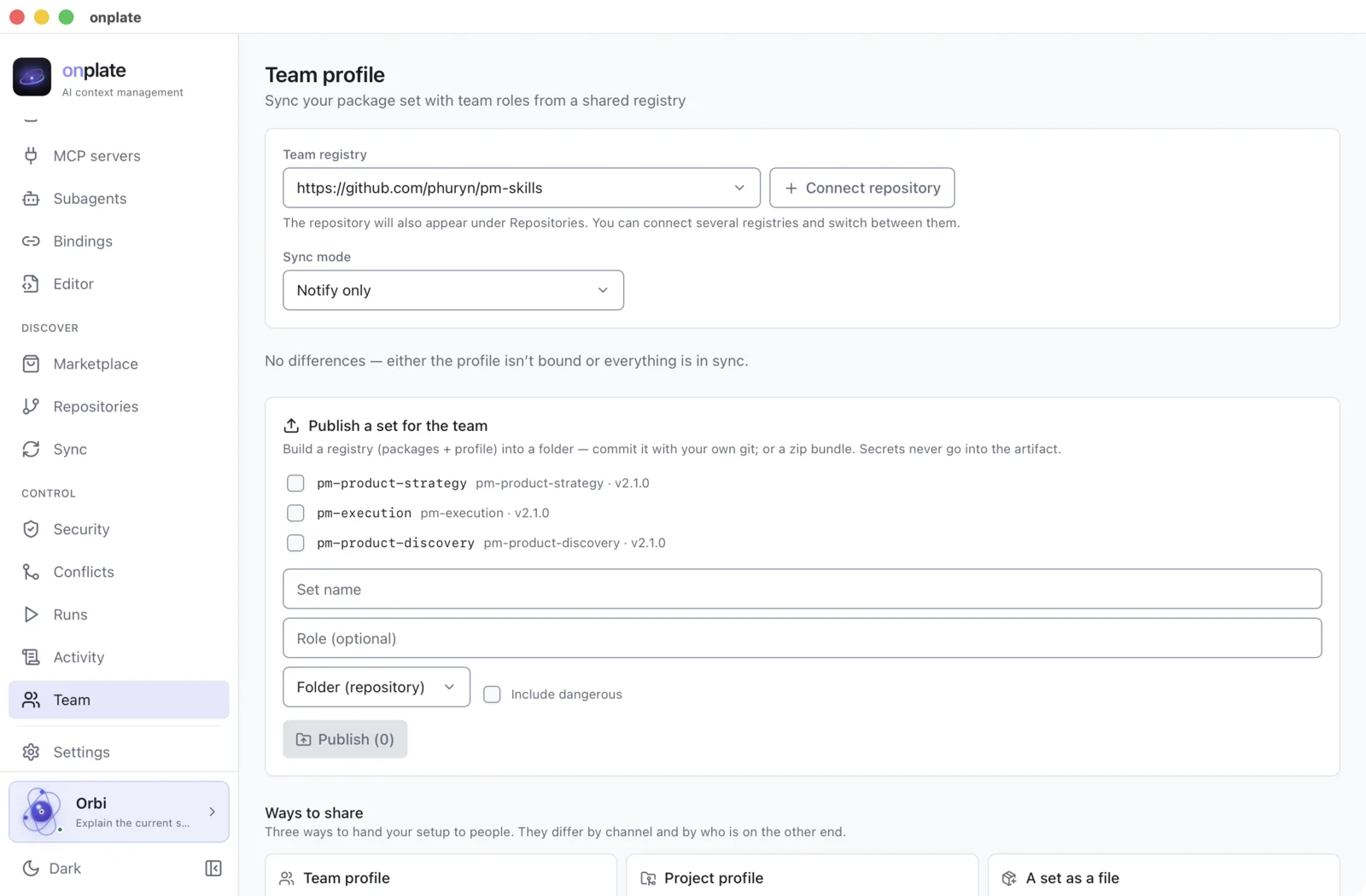 The Team section: the registry, publishing a set and the “Ways to share” block with three options
